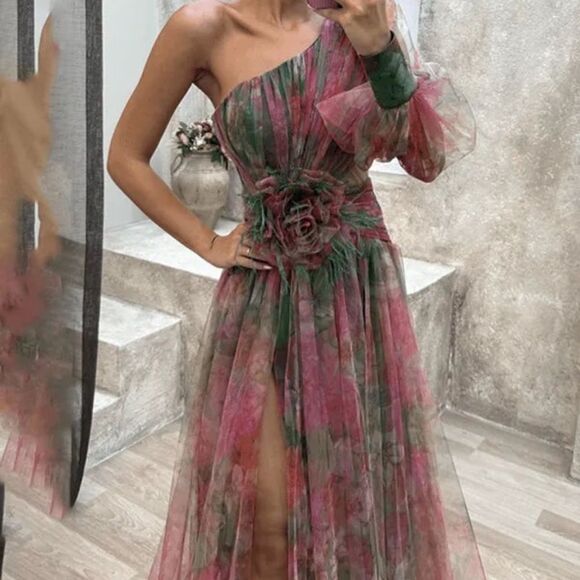 Elegant Mesh Floral One-Shoulder Dress - Picture 2 of 3